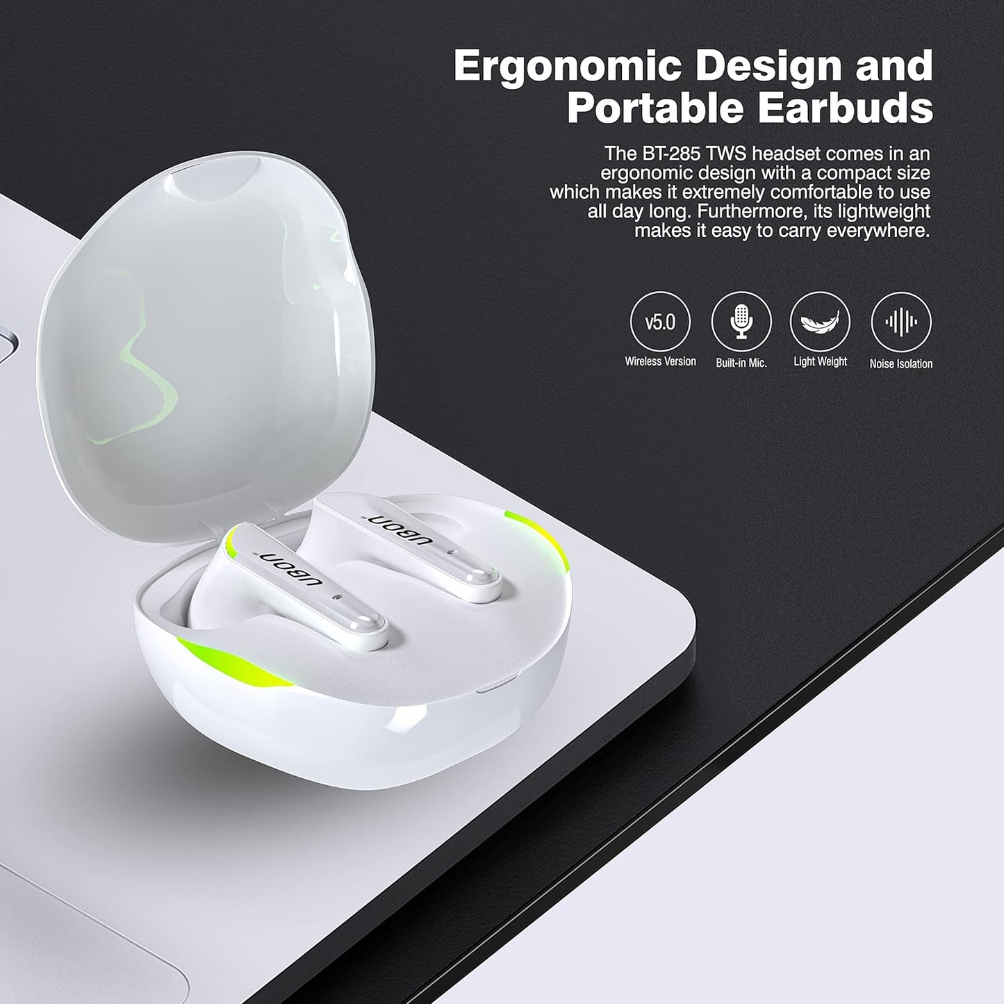 UBON Wireless Earbuds Bluetooth On Ear Headphones Air Shark BT-285, v5.0 Bluetooth Earphone with TWS Function, Up to 20 Hours Playtime, Type-C Fast Charging, Touch Controls & Noise Isolation