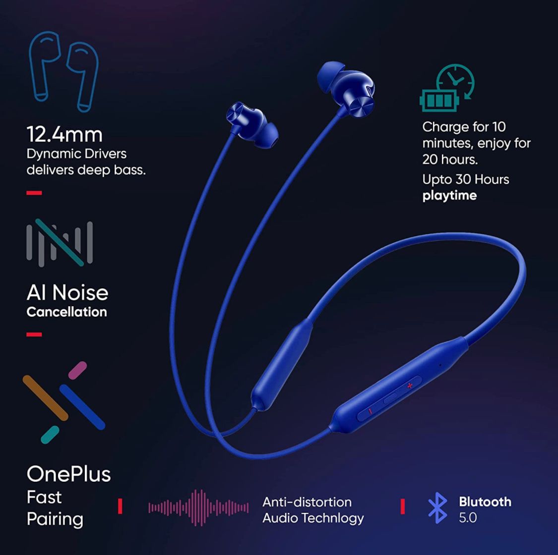OnePlus Bullets Z2 Bluetooth Wireless in Ear Earphones with Mic, Bombastic Bass, 10 Mins Charge - 20 Hrs Music, 30 Hrs Battery Life.