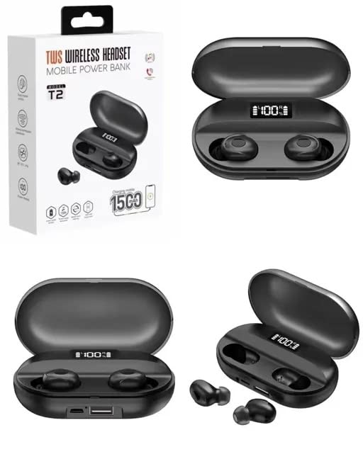 T2 with TWS Wireless Earphone and Support Mobile Power Bank Bluetooth Headset (Black, True Wireless)